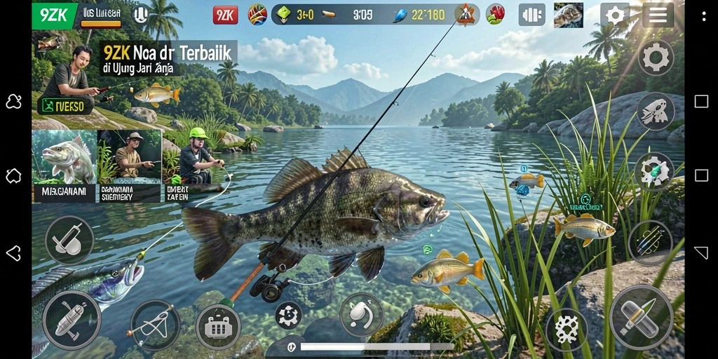 Screenshot utama 9ZK memperlihatkan gameplay seru saat memancing di danau yang indah.