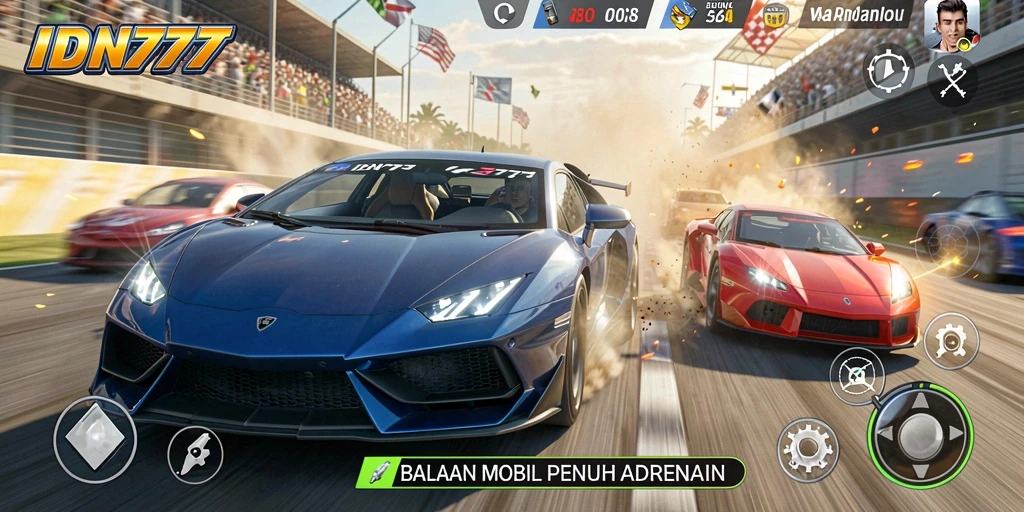 Screenshot utama IDN777 menampilkan aksi balapan mobil yang mendebarkan.