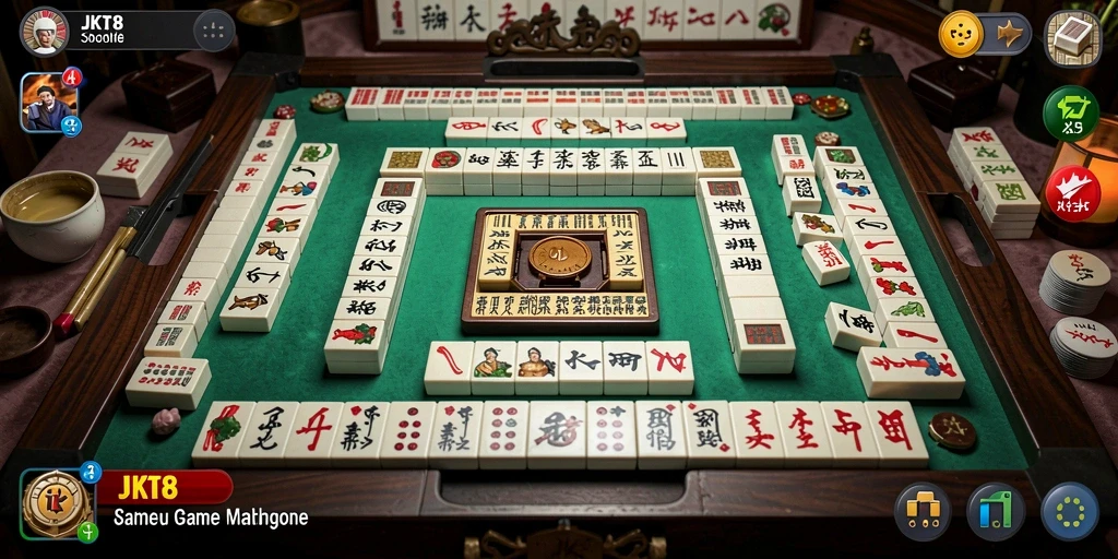 Screenshot JKT8 menunjukkan pemain menyusun ubin Mahjong yang penuh warna.