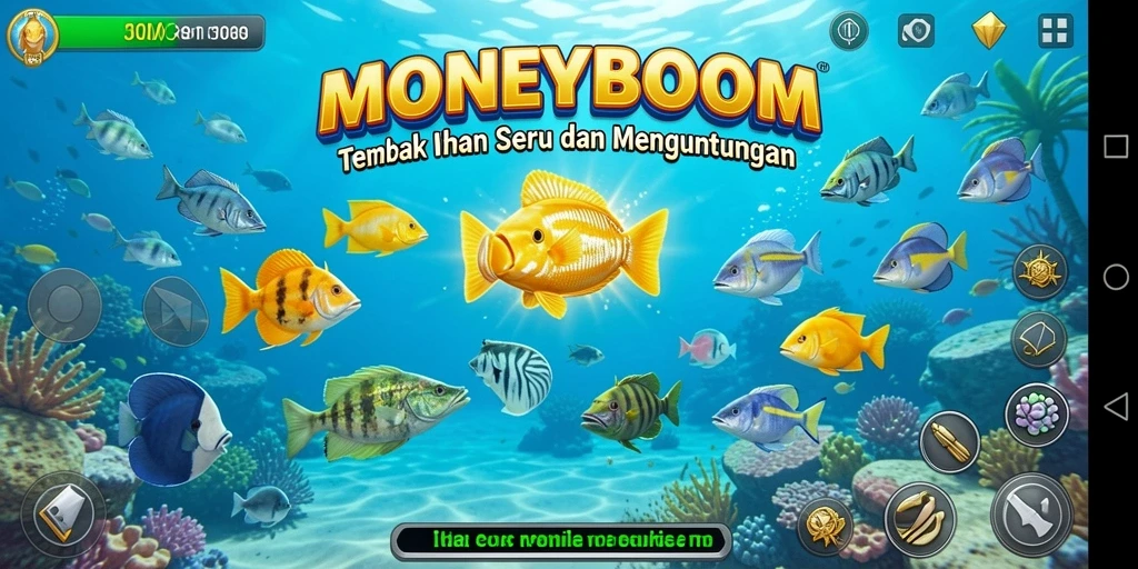 Tampilan gameplay MONEYBOOM dengan aksi menangkap ikan yang seru.