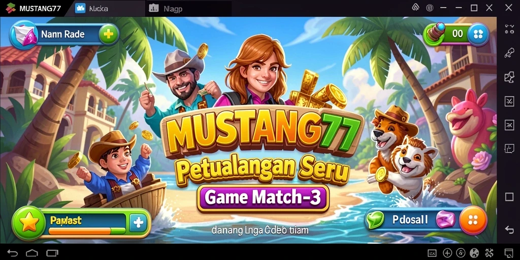 Tampilan gameplay mencocokkan item berwarna-warni di MUSTANG77.