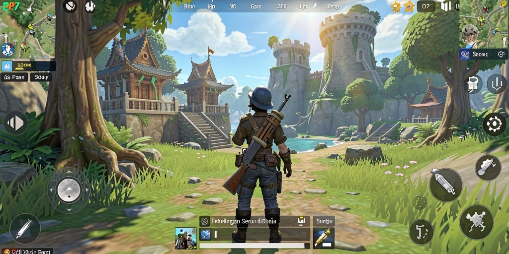 Tangkapan layar gameplay PP7 yang menggambarkan dunia terbuka yang luas.