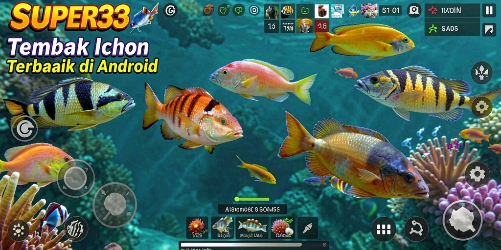 Gameplay SUPER33 yang seru dengan berbagai ikan untuk ditangkap.