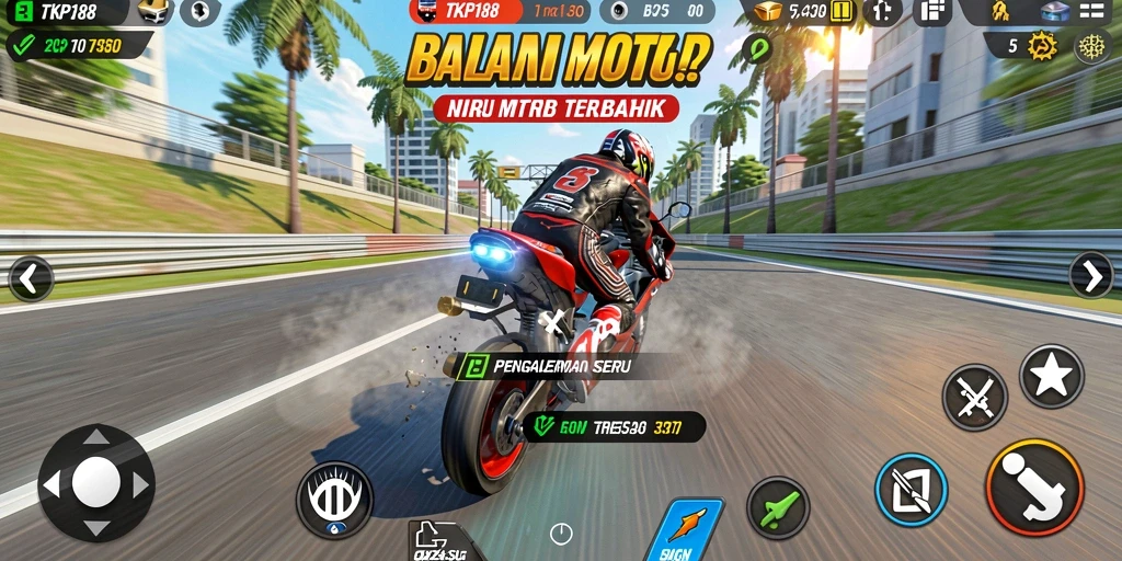 Screenshot gameplay TKP188 menampilkan balapan motor yang mendebarkan.