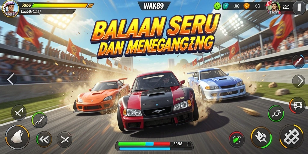 Screenshot menunjukkan aksi balapan seru dalam WAK89.