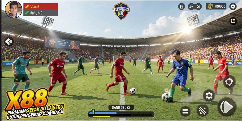 Gameplay X88 dengan aksi sepak bola yang mendebarkan.